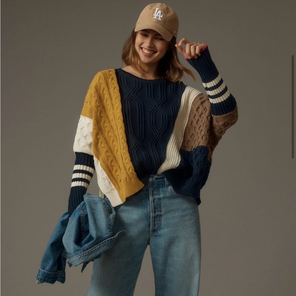 Maeve Navy, Mustard, Cream & Taupe Colorblock Cable Sweater